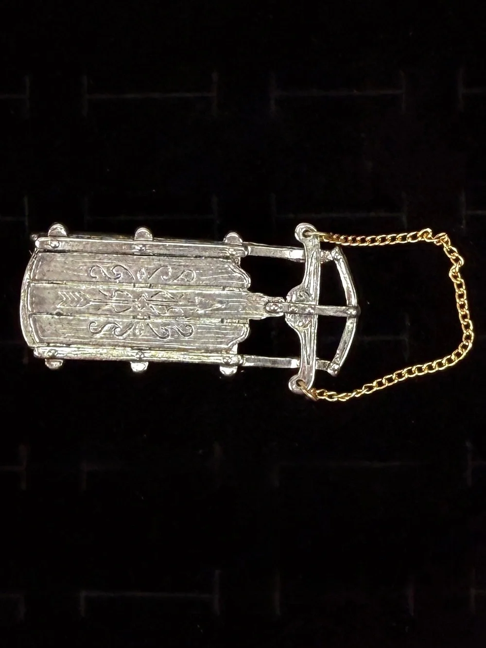 Vintage Silver Tone Sleigh Brooch Gold Chain Figural Winter Holiday Sled Pin